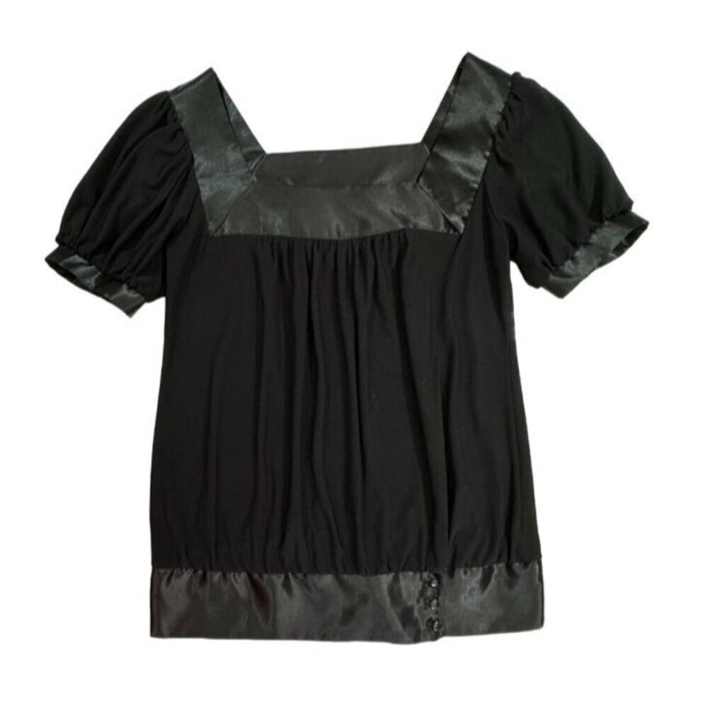 Creative Design Works Black Blouse W/‎ Satin Trim & Buttons Women Small Dressy